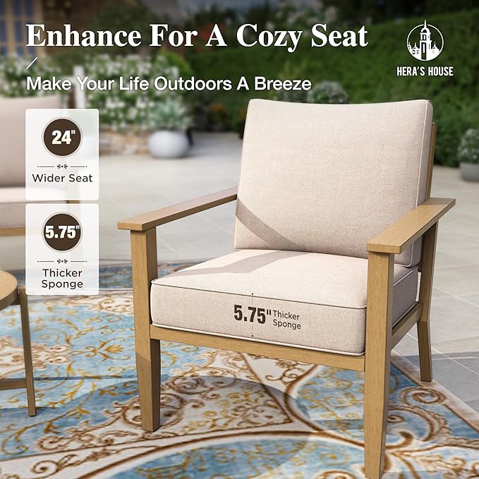 HERA'S HOUSE Patio Furniture Set 5-Piece, All-Weather Metal Outdoor Conversation Set with Wood Grain Finish, 2 x Leg Chair, 1 x 3-Seat Outdoor Chair, 2 x Multi-Functional Table for Garden Deck Backyard