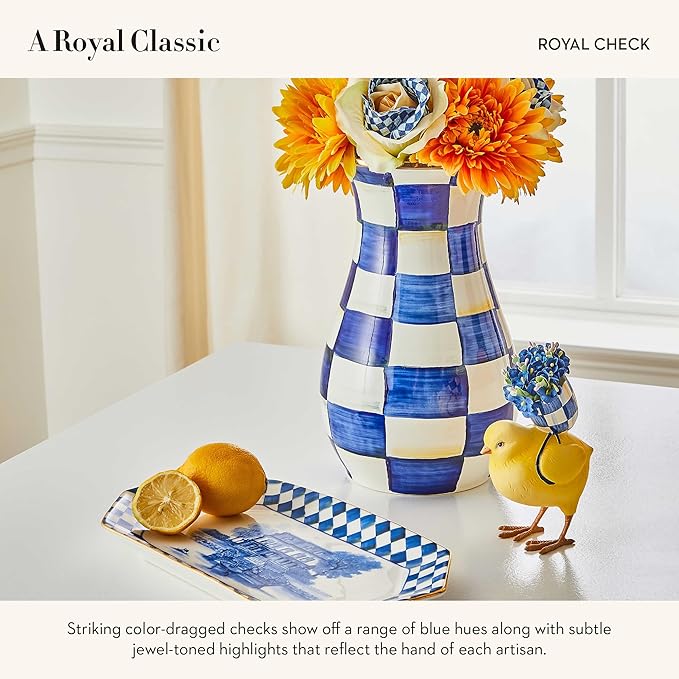 MACKENZIE-CHILDS Tall Enamel Vase, Unique Flower Vase, Decorative Table Decor for Living Room, Blue-and-White Royal Check