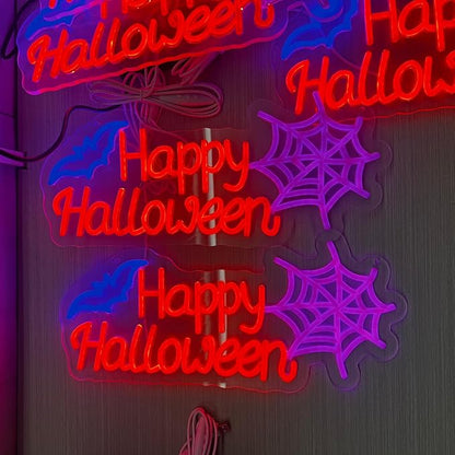 Happy Halloween Neon Sign, Halloween Hanging Neon Sign for Bat Neon Light Halloween Bedroom Kids Room Bar Club Decoration Gift Seasonal Outdoor Party Backdrop Haunted House Decor Banner