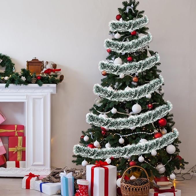 50 Feet Green White Christmas Tinsel Garland for Christmas Tree Decorations, Metallic Twist Shiny Hanging Xmas Garlands for Stairs Mantle Fireplace Home Indoor Outdoor Holiday Party Suppliers Decor