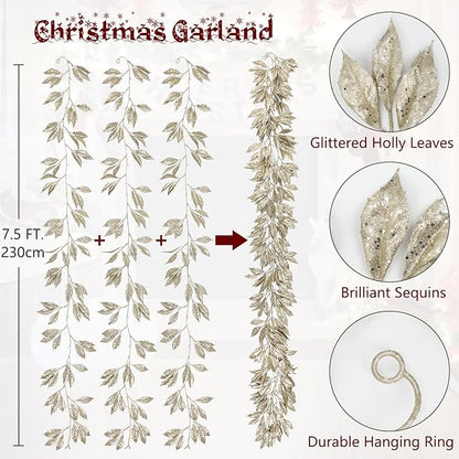 Hollyone 3 Pcs 7.5FT Christmas Garland Champagne Gold Glittered Artificial Magnolia Leaves for Mantle Christmas Tree Decorations Indoor Outdoor Hanging Garland Ornaments Door Wall Window Home Decor