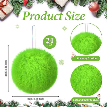 12Pcs Furry Christmas Ball Ornament for Xmas Tree Lime Green Soft Faux Fur Pom Pom Ball Ornaments Christmas Tree Hanging Decorations for Winter Party Home Decor Costume Supplies