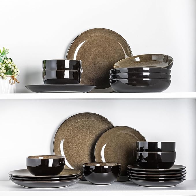 LERATIO Ceramic Dinnerware Sets for 8,Stoneware Plates and Bowls Sets,Handmade Reactive Glaze Dishes Set,Chip Resistant and Scratch Resistant | Oven&Dishwasher & Microwave Safe-Espresso Brown(24PCS)