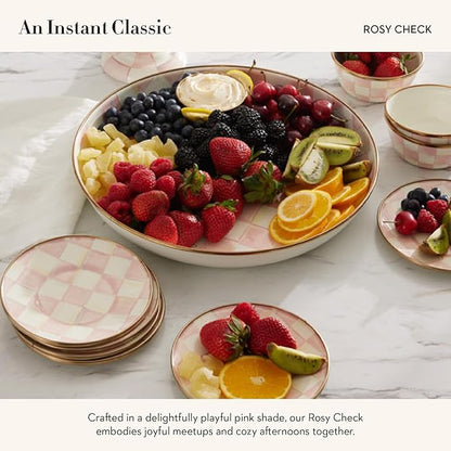 MACKENZIE-CHILDS Enamel Round Tray, Unique Serving Platter for Food and Drinks, Pink-and-White Rosy Check