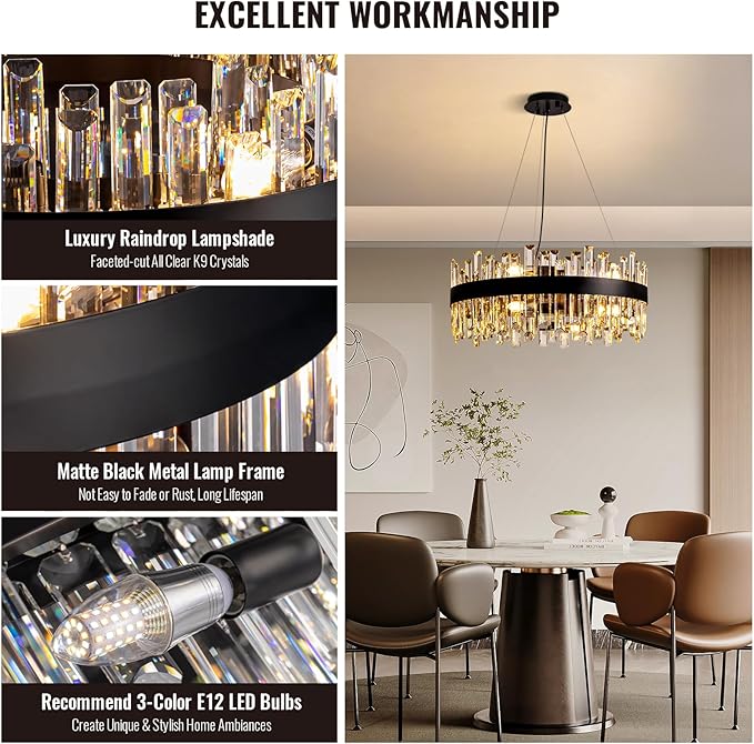 Siljoy 23.6'' Modern Crystal Chandelier, Luxury 2-Tiers Raindrop K9 Crystal Adjustable Flush Mount Hanging Ceiling Light for Dining Living Room Kitchen Entryway Foyer, E12 x 12, Matte Black