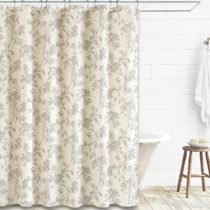 Vintage Farmhouse Shower Curtain for Bathroom Grey Shower Curtain Floral Cotton Linen 72" W x 72" L