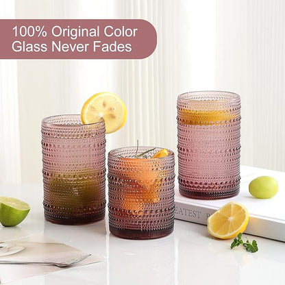 Vintage Hobnail Drinking Glasses Set of 8,Purple 12 oz & 15oz Highball Glass Cups, Kitchen Drinkware Glassware