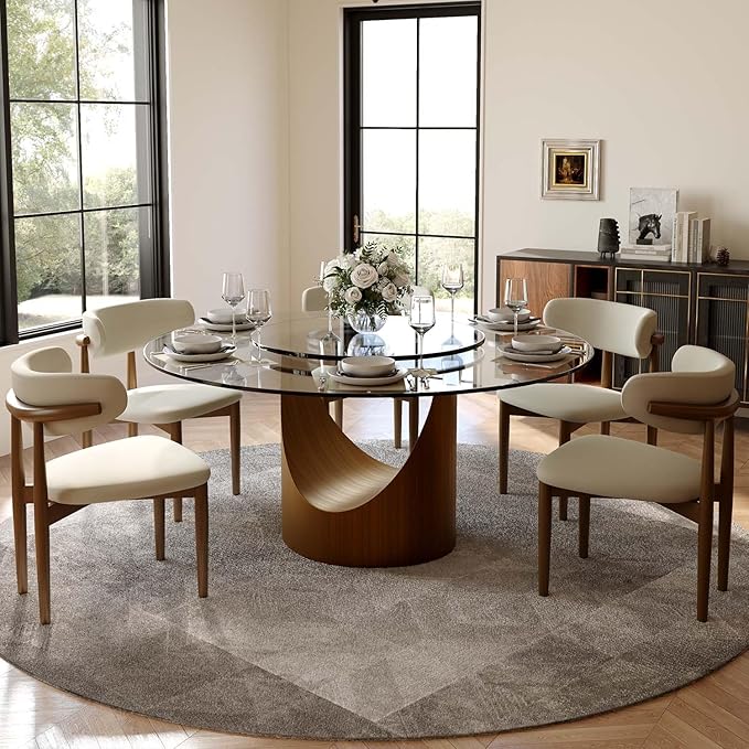 POVISON 59" Round Dining Table for 4-6 with 31" Lasy Susan, Glass Tabletop Dining Table with Bronze Carbon Steel Pedestal, Modern Dining Room Table for Kitchen, Living Room (Table Only)