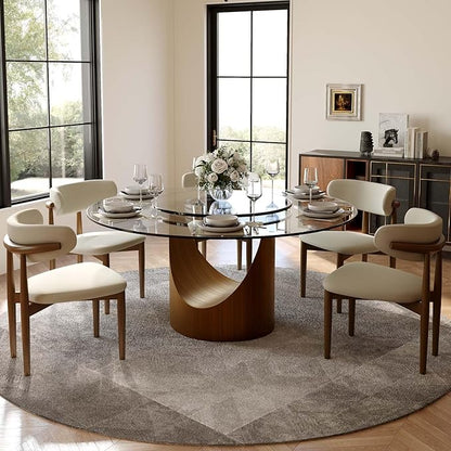 POVISON 59" Round Dining Table for 4-6 with 31" Lasy Susan, Glass Tabletop Dining Table with Bronze Carbon Steel Pedestal, Modern Dining Room Table for Kitchen, Living Room (Table Only)