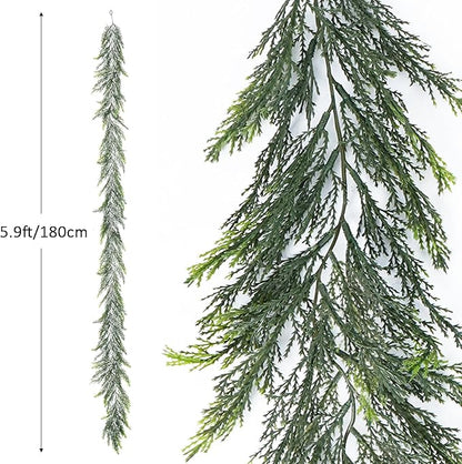 Artificial Christmas Garland Decoration 5.9 Ft Norfolk Pine Garland Winter Garland for Fireplace Stairs Cabinet Home Table Outdoor Snow Style Decor (1 Pc)