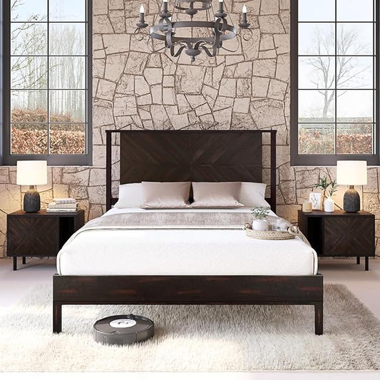 Bme Vivian 14 Inch Deluxe Bed Frame with Headboard, Rustic & Scandinavian Style with Solid Acacia Wood, No Box Spring Needed, 12 Strong Wood Slat Support, Easy Assembly, Queen, Rustic Black
