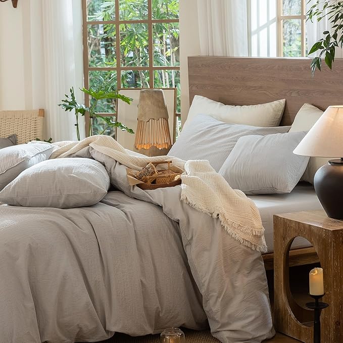 MooMee Wavy Striped Duvet Cover Set 100% Washed Cotton Linen Like Textured Breathable Durable Soft Comfy (Light Grey, Full 80"x90")