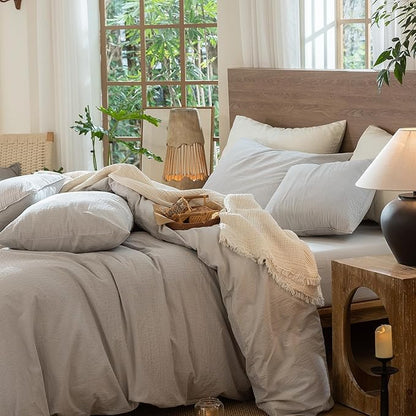 MooMee Wavy Striped Duvet Cover Set 100% Washed Cotton Linen Like Textured Breathable Durable Soft Comfy (Light Grey, Twin 68"x90")