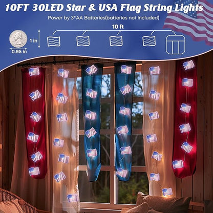 Coquimbo 4th of July Decorations Flag Lights, Patriotic String Lights Battery Operated 10FT 30 LED Fairy Lights, Fourth of July Decor for Home Indoor Outdoor Memorial Independence Day