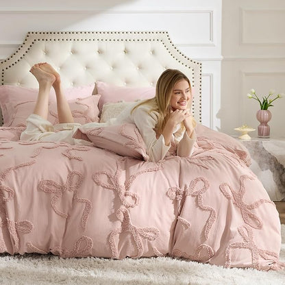 Bedsure King Size Comforter Set - Rose Pink Tufted Boho Bed Set, Farmhouse Shabby Chic Embroidery Bedding for All Seasons, 3 Pieces, 1 Soft Jacquard King Comforter and 2 Pillow Shams