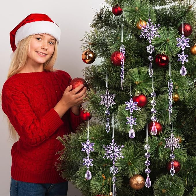 18pcs Crystal Christmas Ornaments for Christmas Tree Decorations-Purple Hanging Acrylic Snowflake and Icicle Ornaments with Drop Pendants for New Year Party Decorations Supplies