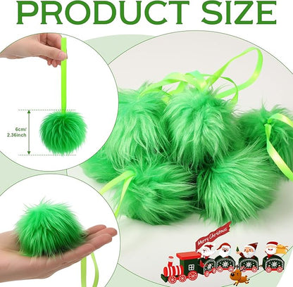 12 Pcs Lime Green Furry Christmas Ball Ornaments for Xmas Tree Hanging Decorations Soft Faux Fur Pom Pom Ball Home Fireplace Party Mantel DIY Decor (2.4 Inches)