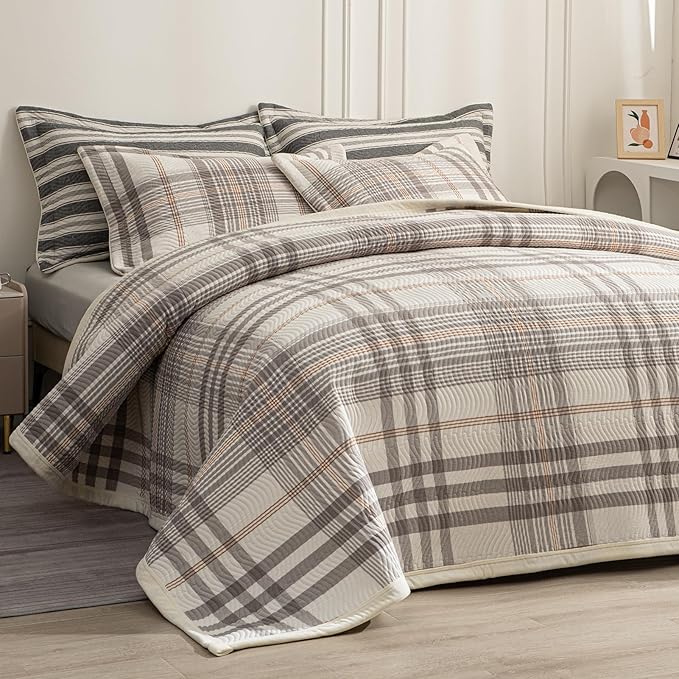 Cotton Plaid Quilt Set King 3 Piece Lightweight Reversible Bedding, Grid Grey White