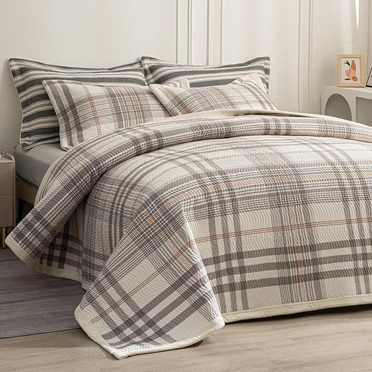 Cotton Plaid Quilt Set King 3 Piece Lightweight Reversible Bedding, Grid Grey White