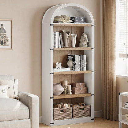 GarveeHome Bookcase 5 Shelf Arched Bookshelf 71.65in Tall Bookcase Farmhouse Display Storage Rack Wooden Bookshelves for Home Office, Living Room (White/Natural)