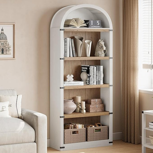 GarveeHome Bookcase 5 Shelf Arched Bookshelf 71.65in Tall Bookcase Farmhouse Display Storage Rack Wooden Bookshelves for Home Office, Living Room (White/Natural)