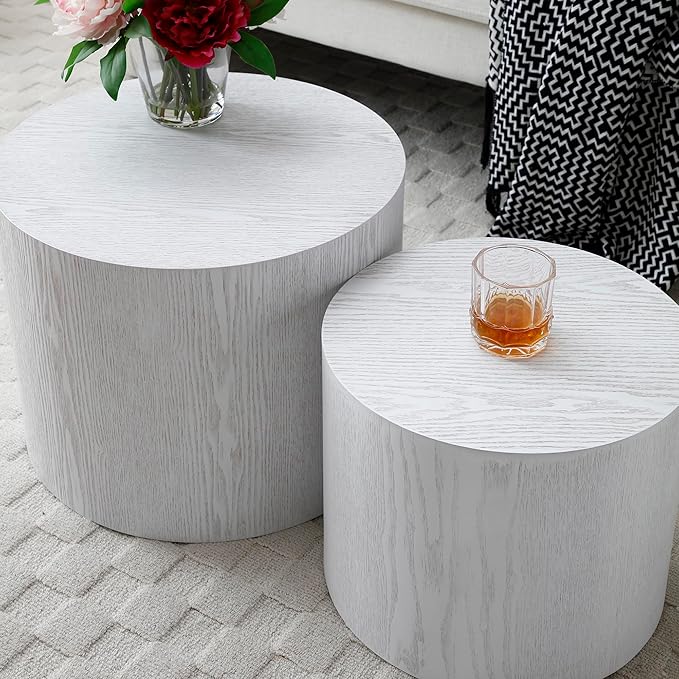 Nesting Coffee Table Set of 2, Modern Round Coffee Table with Non-Slip Feet, Wooden Circle Accent Tables for Small Spaces Living Room Bedroom Balcony Office Drum Side Table (White)