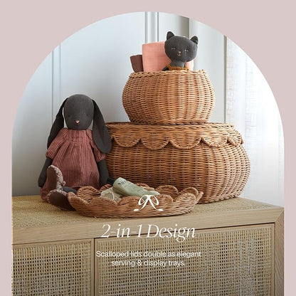 BEBE BASK The Original Scalloped Basket Set Of 2 - Small Scallop Basket - 15 x 10 x 6 In - Hand-Woven & Award-Winning - Elegant Wicker With Scalloped Edge Lid - Nursery Storage - (Mocca)