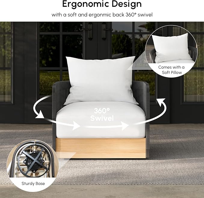 homary Rattan 360° Swivel Chair, Outdoor Chair Wicker Furniture with Thickened Cushions and Aluminum Frame for Garden, Balcony, Indoor, Black and Gray