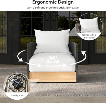 homary Rattan 360° Swivel Chair, Outdoor Chair Wicker Furniture with Thickened Cushions and Aluminum Frame for Garden, Balcony, Indoor, Black and Gray