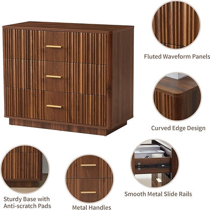 Fluted Dresser for Bedroom with 3 Drawers, 31.5" Wide Modern Chest of Drawers with Metal Handle, Large Storage Dresser, Wood Closet Clothes Storage Organizer for Nursery Living Room, Hallway, Walnut