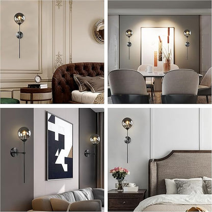KCO Lighting Modern Smoke Grey Glass Globe Wall Sconce Black Matte Slim Wall Sconce Long Slim Wall Mount Light Vintage Industrial Wall Lamp for Hallway Stairs Bathroom