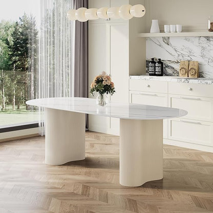 71" Modern Oval Dining Table for 6, Glossy White Sintered Stone Dining Tabletop with Dual-Pedestal, Easy Assembly Dining Room Table for Home Kitchen (Table Only)