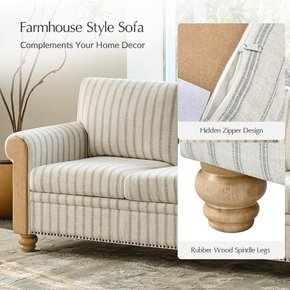 EcoHarbor Living 3-Seater Couch, Stripe 81" Mid-Century Modern Upholstered Sofa with Armrests, Stripe Couches for Living Room, Bedroom, Office, Apartment