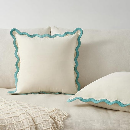 MONDAY MOOSE Decorative Throw Pillow Covers Cushion Cases, Set of 2 Soft Velvet Scalloped Wavy Edge Designs, Mix and Match for Home Decor, Pillow Inserts Not Included (White/Light Blue, 16x16 inch)