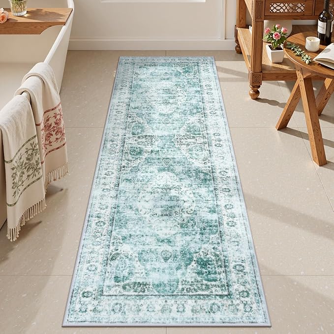 Uphome Bathroom Runner Rug, Distressed Tribal Farmhouse Sage Green Bathroom Mat, Large Bathroom Rugs Non Slip Washable, Oriental Retro Boho Bath Mat Runner for Bathtub Sink Hallway, 24x59 inch