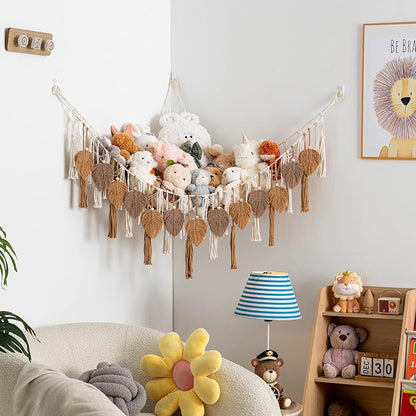 Pretty Jolly Stuffed Animal Storage with Hand Woven Leaf Tassels Hammock Corner Hanging Net Boho Macrame Plush Storage for Kid Room Nursery Decor Wall Display for Girls Gift(Coffee)