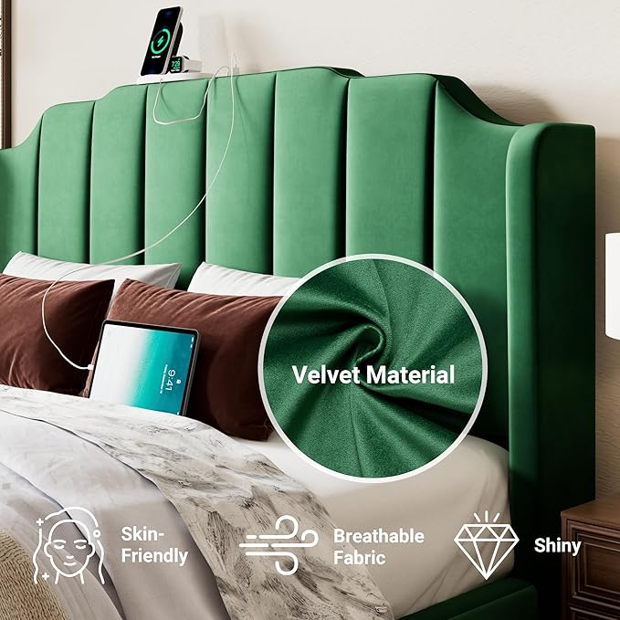 Allewie Vintage Full Size Velvet Platform Bed Frame with Curved Vertical Tufted Wingback Headboard and Footboard, Charging Station, Easy Assembly, Under Bed Storage, No Box Spring Required, Green