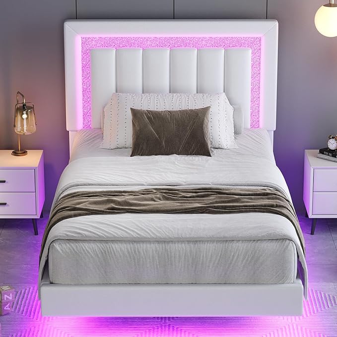 HOMBCK Floating Twin Bed Frame with Smart LED Lights, Faux Leather Upholstered Platform Bed with Diamond Headboard, No Box Spring Needed, Noise-Free, Easy Assembly, White