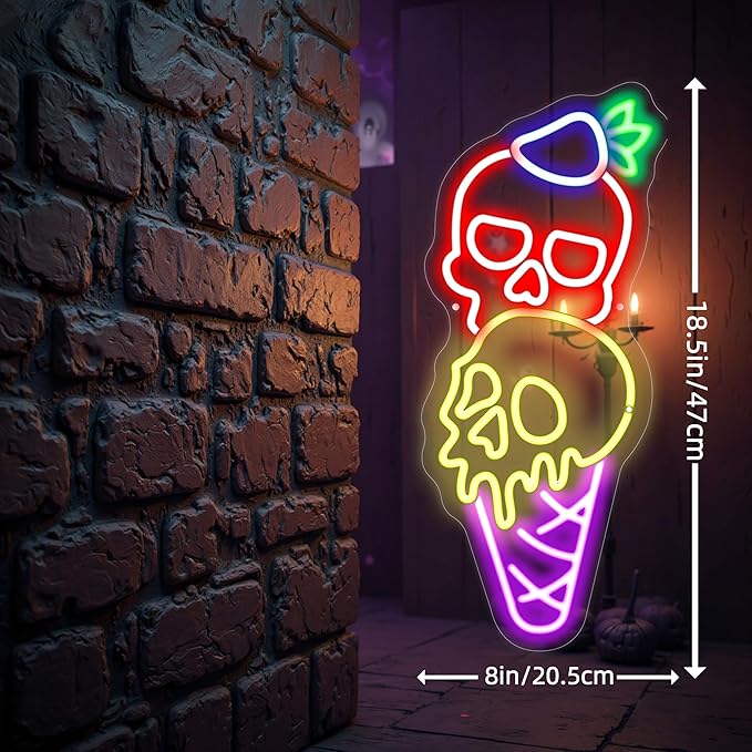 Ice Cream Skull Neon Sign, Quirky Gothic LED Wall Art,Skull Neon Light Ice Cream Neon Lighht Halloween Decor Wall Halloween Neon Sign Coffee Shop Decor, Christmas Party Bar Drink Shop-Red