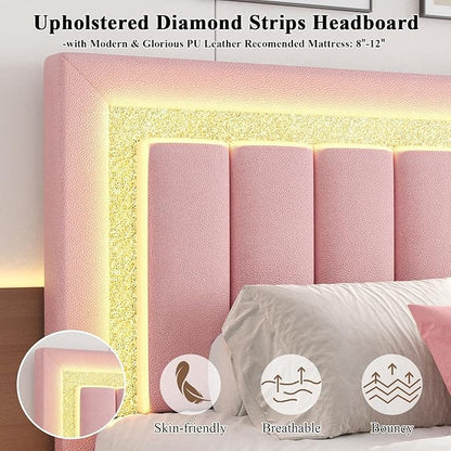 HOMBCK Floating Bed Frame Queen with Smart LED Lights, Faux Leather Upholstered Bed with Diamond PU Headboard, No Box Spring Needed, Noise-Free, Easy Assembly, Pink