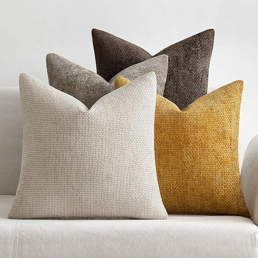 MIULEE Pack of 4 Throw Pillow Covers 18x18 Inch Neutral Gold/Brown Soft Decorative Chenille Pillow Covers Farmhouse Accent Cushion Covers for Boho Home Decor Bedroom Living Room