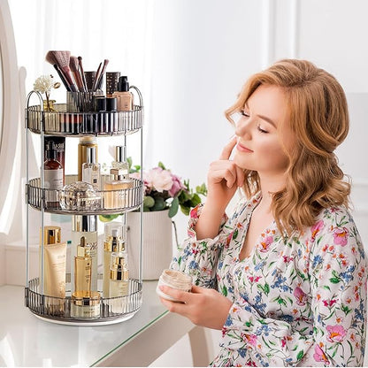 Aveniee 360° Rotating Makeup Organizer for Vanity, Upagraded Perfume Skincare Bathroom Counter Organizers with Brush Divider, 3 Tier Spinning Lipstick Cosmetic Lotion Storage,Grey