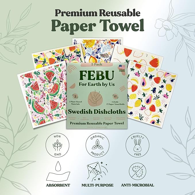 FEBU Swedish Dish Cloths 5 Pack Reusable Washable Kitchen Dish Towels, Fruit Pattern