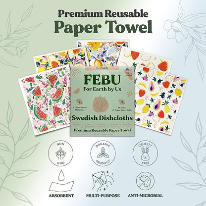 FEBU Swedish Dish Cloths 5 Pack Reusable Washable Kitchen Dish Towels, Fruit Pattern