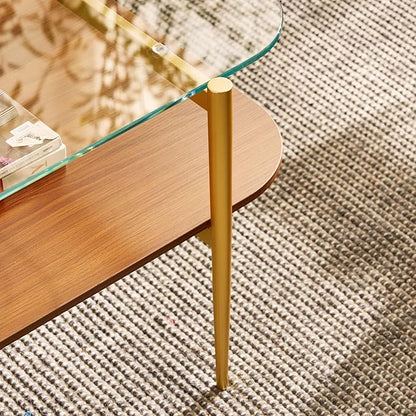 AGV LIGHTING Tadio Glass Coffee Table, Mid-Century Modern Coffee Table for Living Room, Gold Finish Leg, Clear Glass Top & Walnut Brown Shelf, Rounded Corners