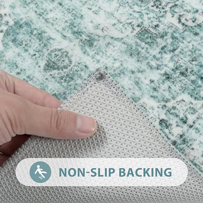 Uphome Boho Bathroom Rugs, Distressed Farmhouse Sage Green Bath Mat, Comfy Velvet Small Bath Rugs Non Slip Washable, Vintage Oriental Toilet Rug for Sink Shower Vanity, 18x26 inch
