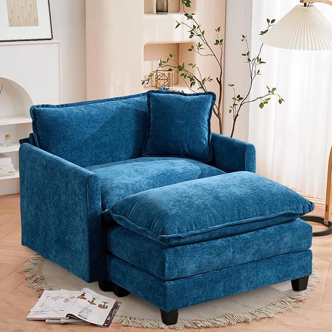 SoarFlash Chenille Sectional Sofa, Comfy Modular Single Sofa with Ottoman, Modern Recliner Deep Seat Sofa Set for Living Room,Blue