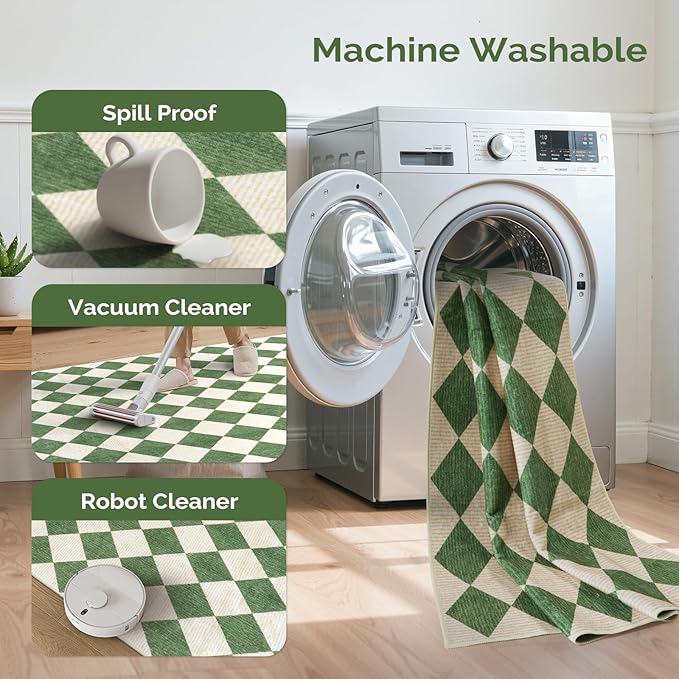 LIVEBOX 5x7 Checkered Rugs for Living Room, Washable Diamond Green Rug Non-Slip Modern Neutral Geometric Plaid Area Rugs for Bedroom, Low Pile Farmhouse Carpet for Office Kids Room Classroom Dorm