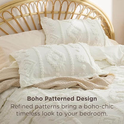 Bedsure King Size Comforter Set - White Tufted Boho Bed Set, Farmhouse Shabby Chic Embroidery Bedding for All Seasons, 3 Pieces, 1 Soft Jacquard King Comforter and 2 Pillow Shams