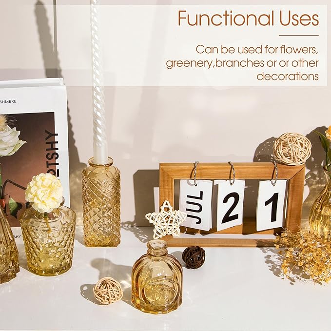 Gold Amber Glass Bud Vases Set of 12, Small Vases for Flowers, Champagne Mini Vintage Vases for Centerpieces,Bud Vase in Bulk for Wedding Decor,Single Flowers,Office and Home Table Flower Décor